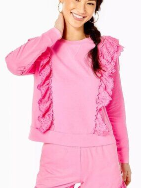 Lilly Pulitzer Barbie Pink Shandy Deva Ruffle Sweatshirt Size M